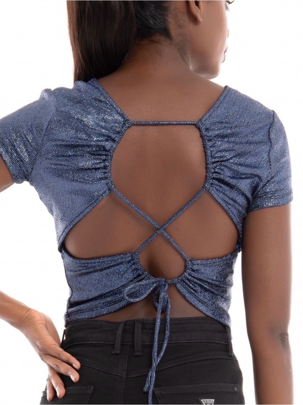 Guess Laced Back Sidra Shine Crop Top Sparkle Navy Blue Size M